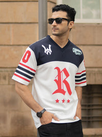 Powerlook Men Typography Printed V-Neck Drop-Shoulder Sleeves T-shirt