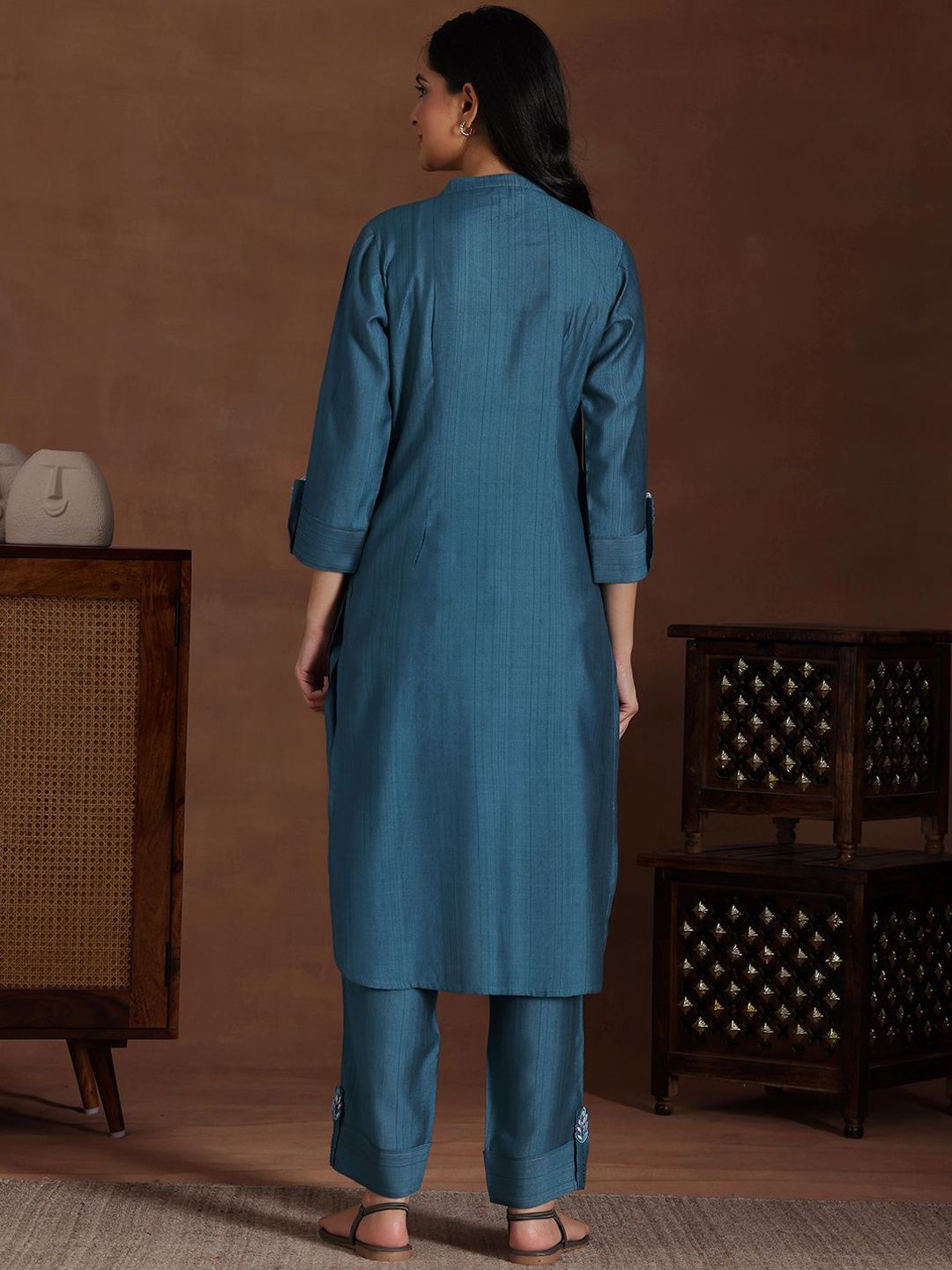 Libas Floral Embroidered Mandarin Collar Roll-Up Sleeves A-Line Tunic & Palazzos