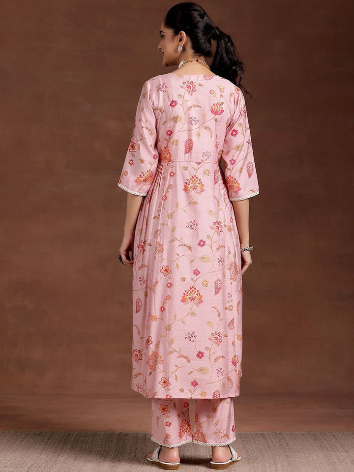 Libas Women Floral Printed Pleated Beads and Stones Kurta with Trousers