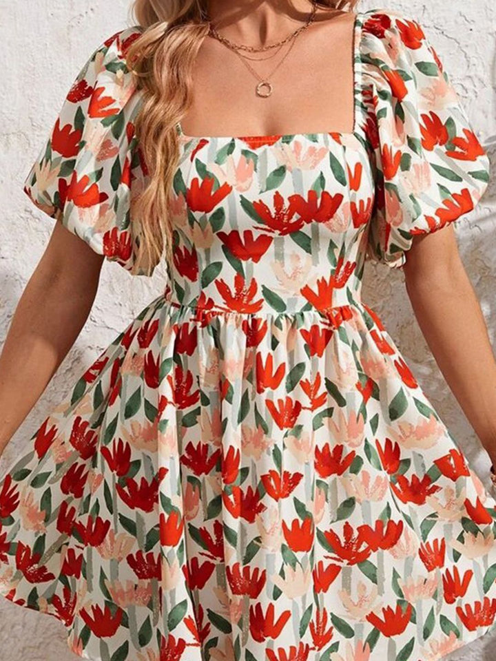 Berrylush Floral Print Puff Sleeve Square Neck Fit & Flare Mini Dress
