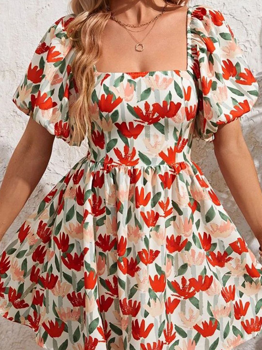 Berrylush Floral Print Puff Sleeve Square Neck Fit & Flare Mini Dress