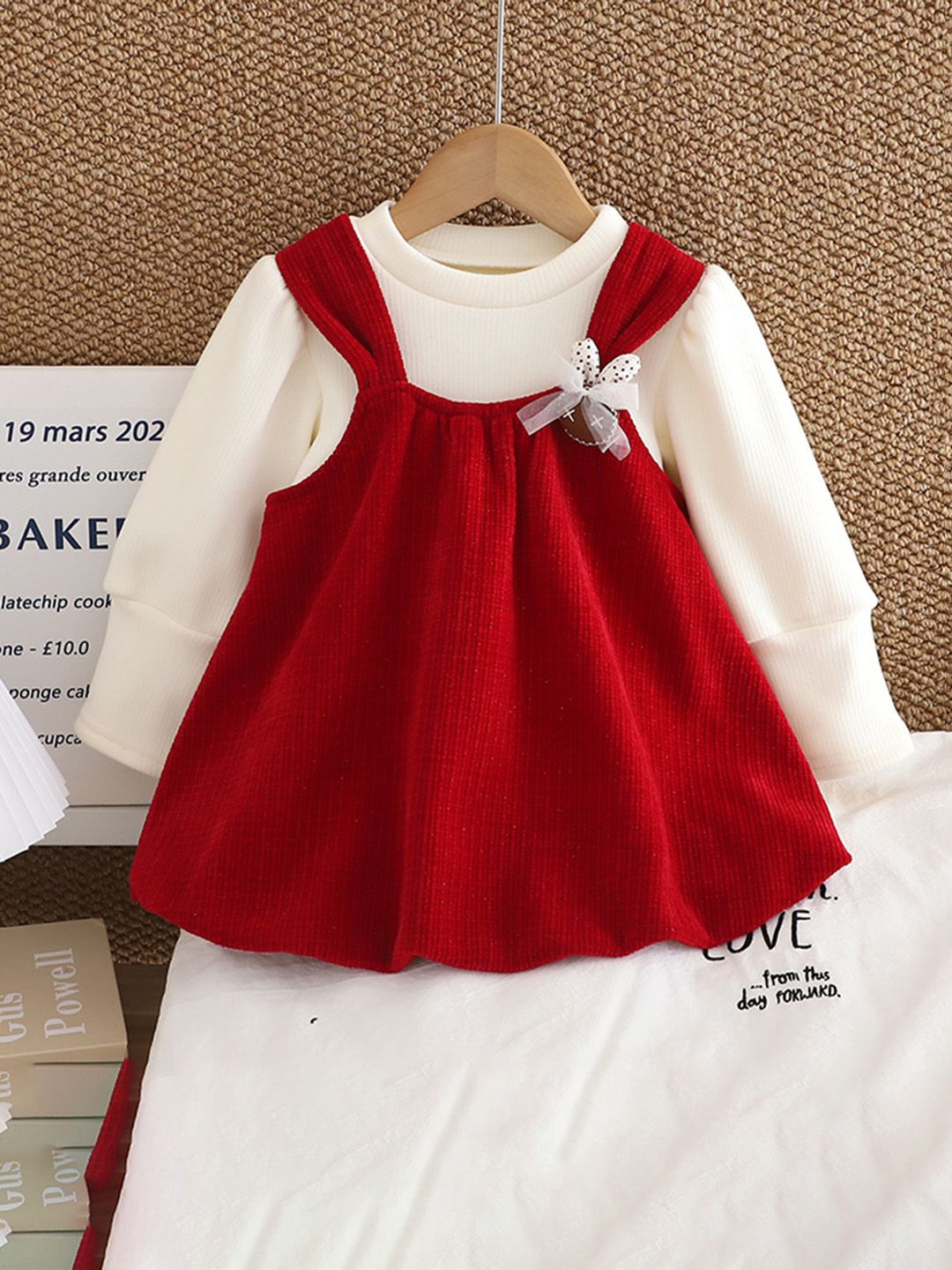 YK Girls Cuffed Sleeves Pinafore Dress