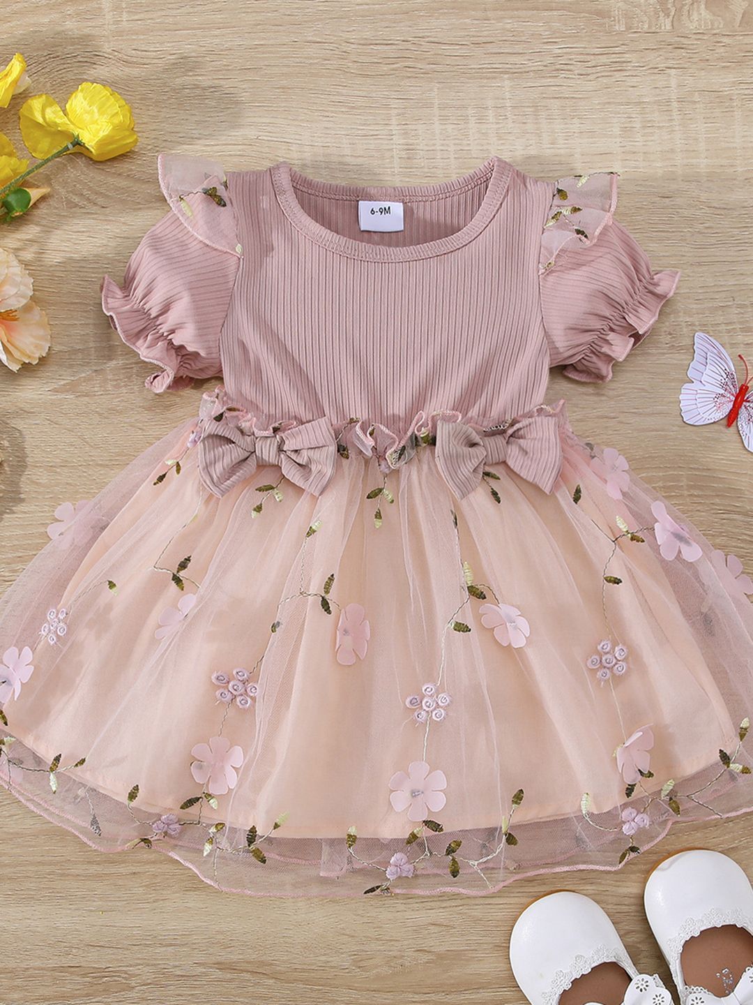 YK Girl Round Neck Puff Sleeves Tulle Dress