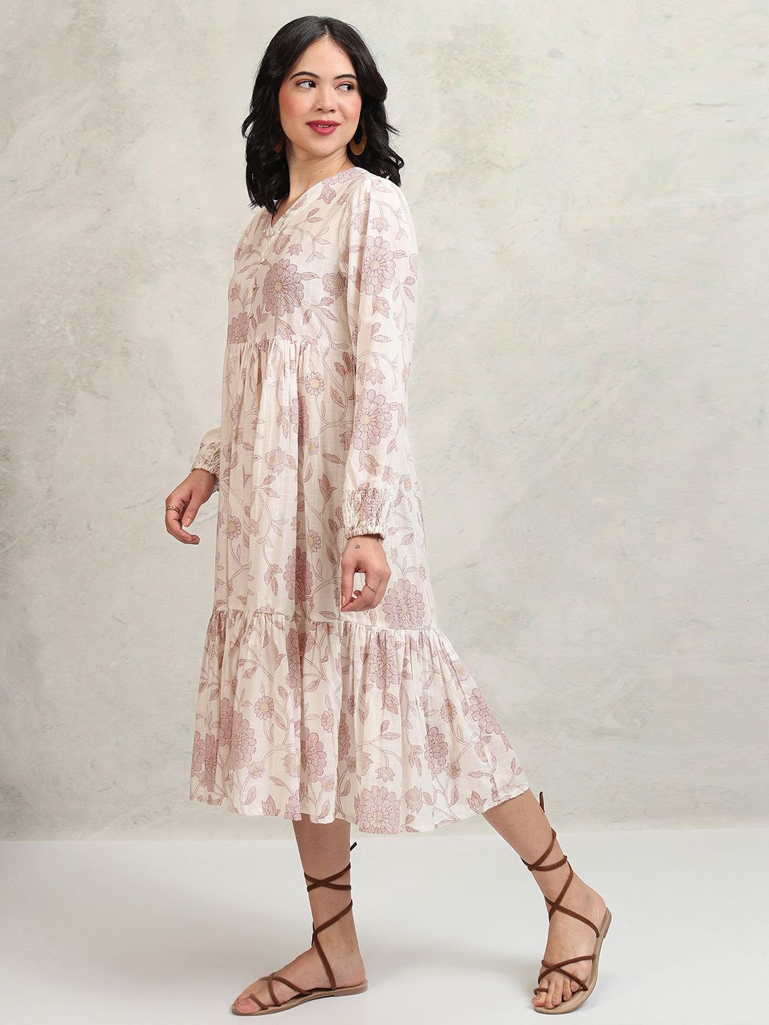 Vishudh Floral Printed Puff Sleeves Fit and Flare Midi Dress