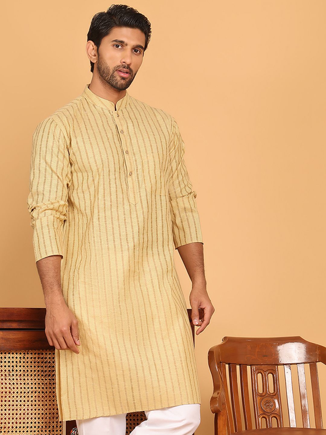 Jompers Striped Mandarin Collar Pure Cotton Straight Kurtas