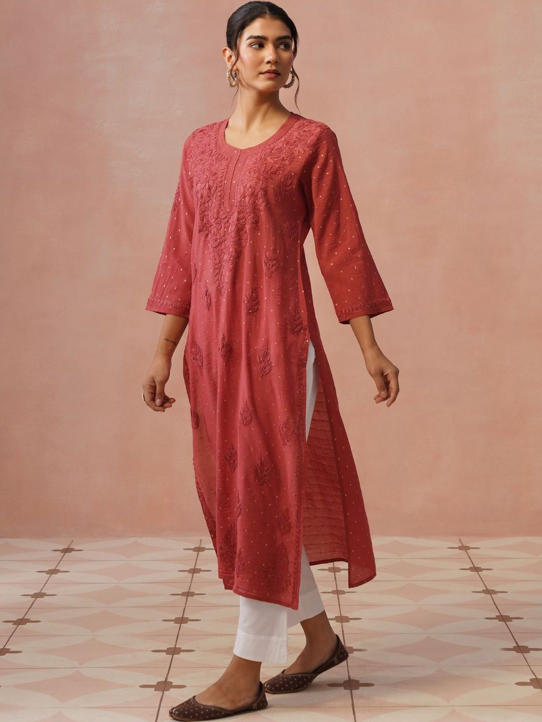 Rumah Wanita Chikankari Berhias Benang Kerja Chanderi Sutera Kurta