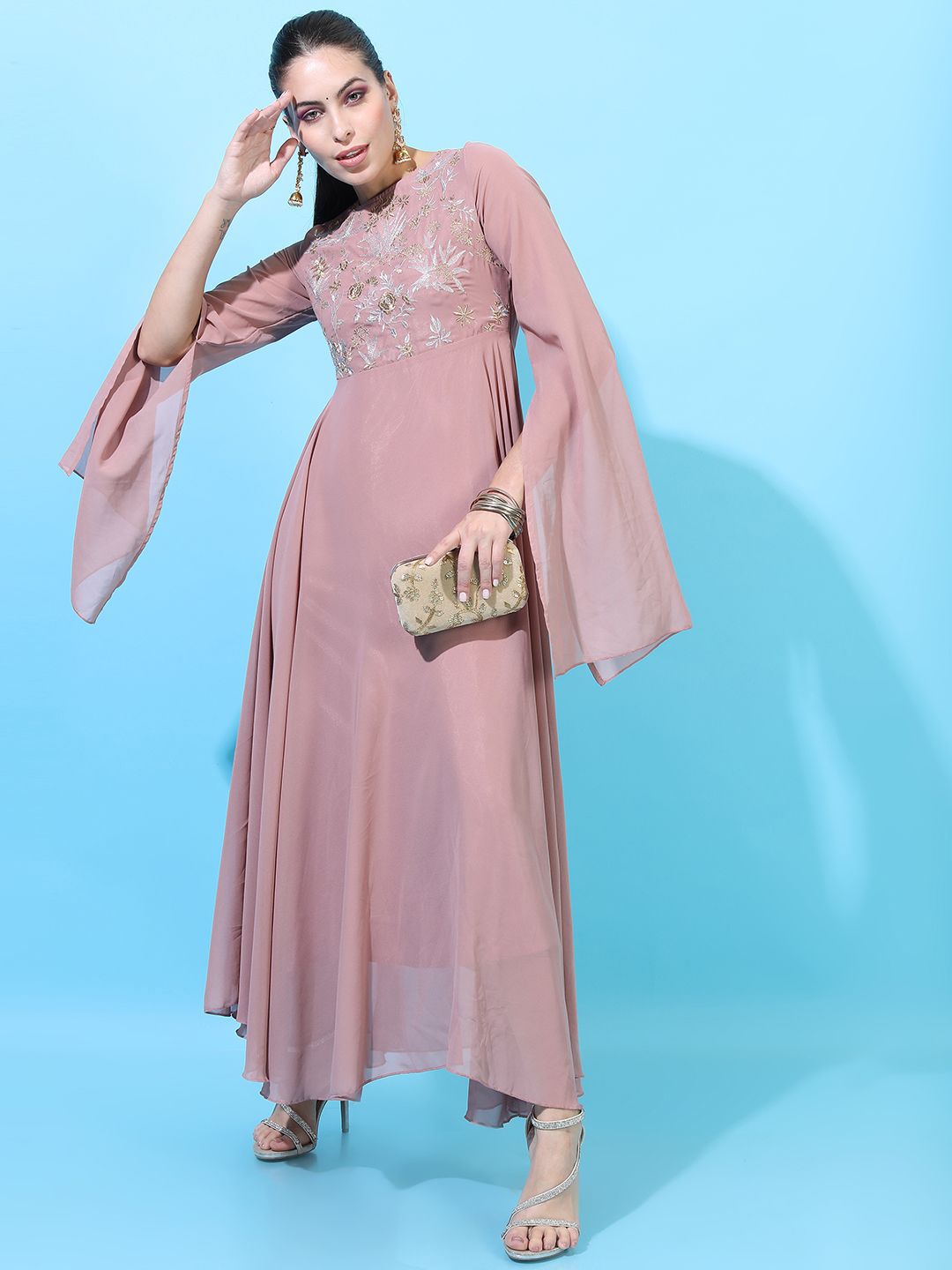 Vishudh Women Embroidered Round Neck Maxi Dress