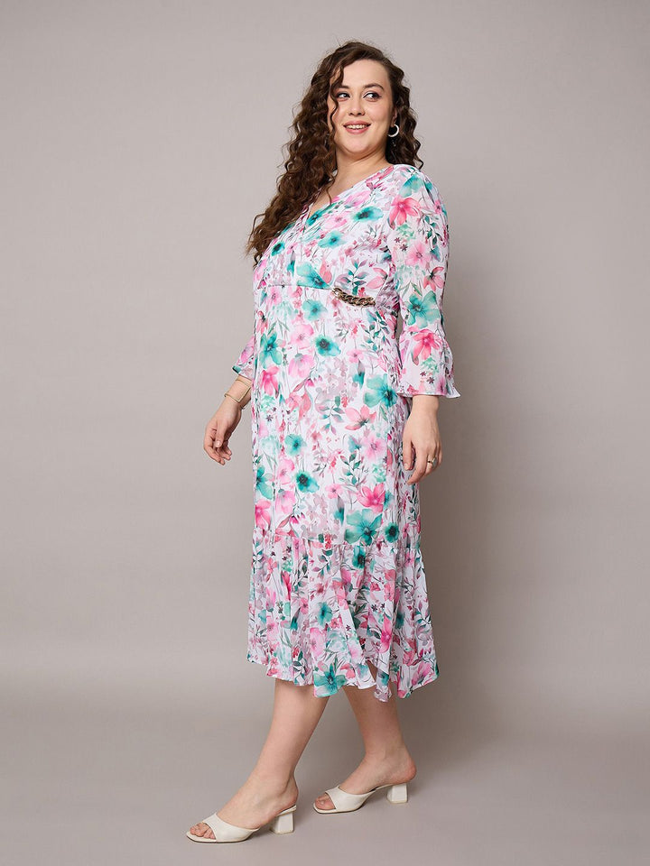 SASSAFRAS Curve Floral Print Flared Sleeve Georgette Midi Dress