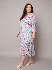 SASSAFRAS Curve Floral Print Flared Sleeve Georgette Midi Dress