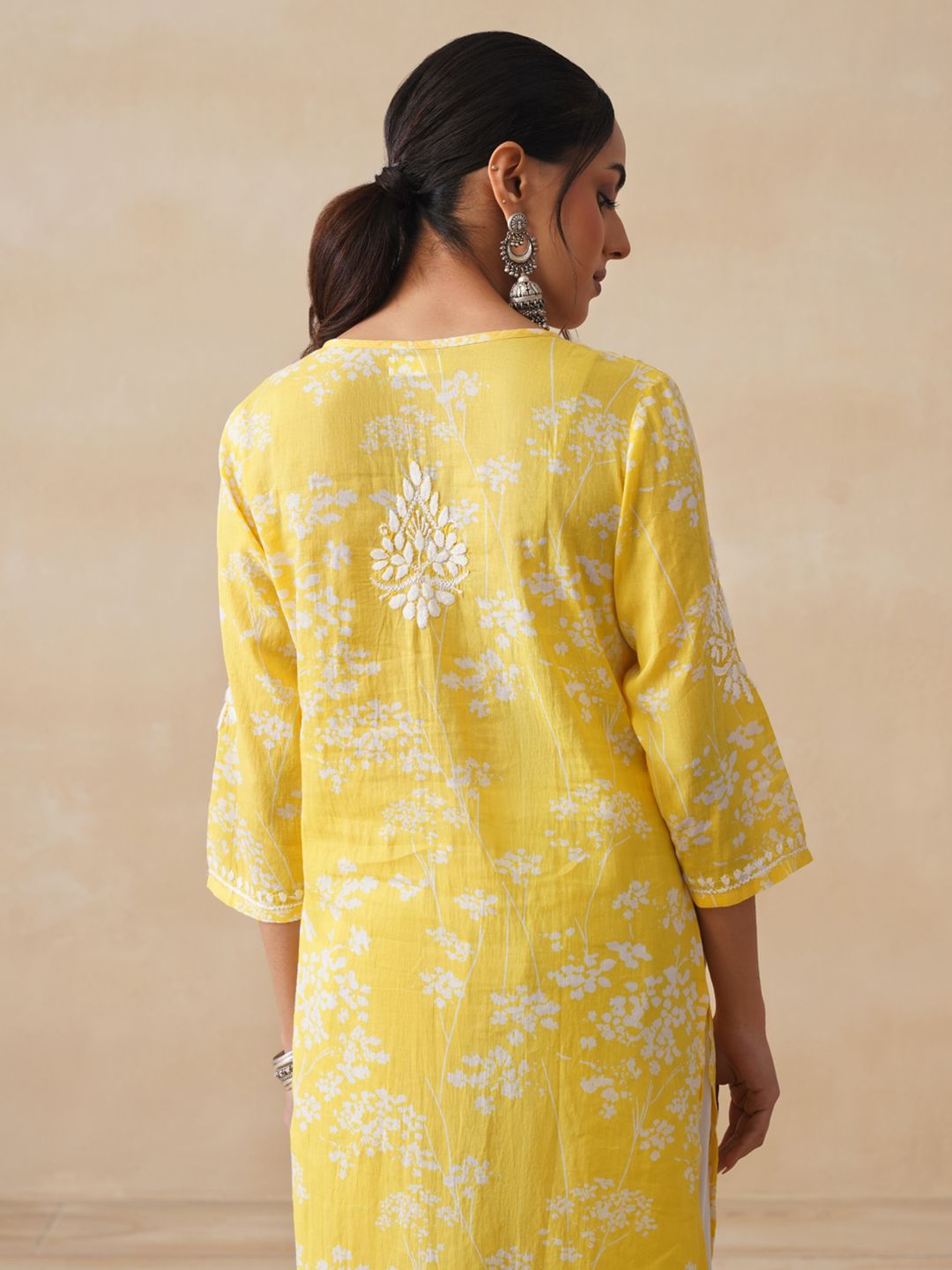 House of Chikankari Women Yellow Mulmul Chikankari Embroidered Kurta