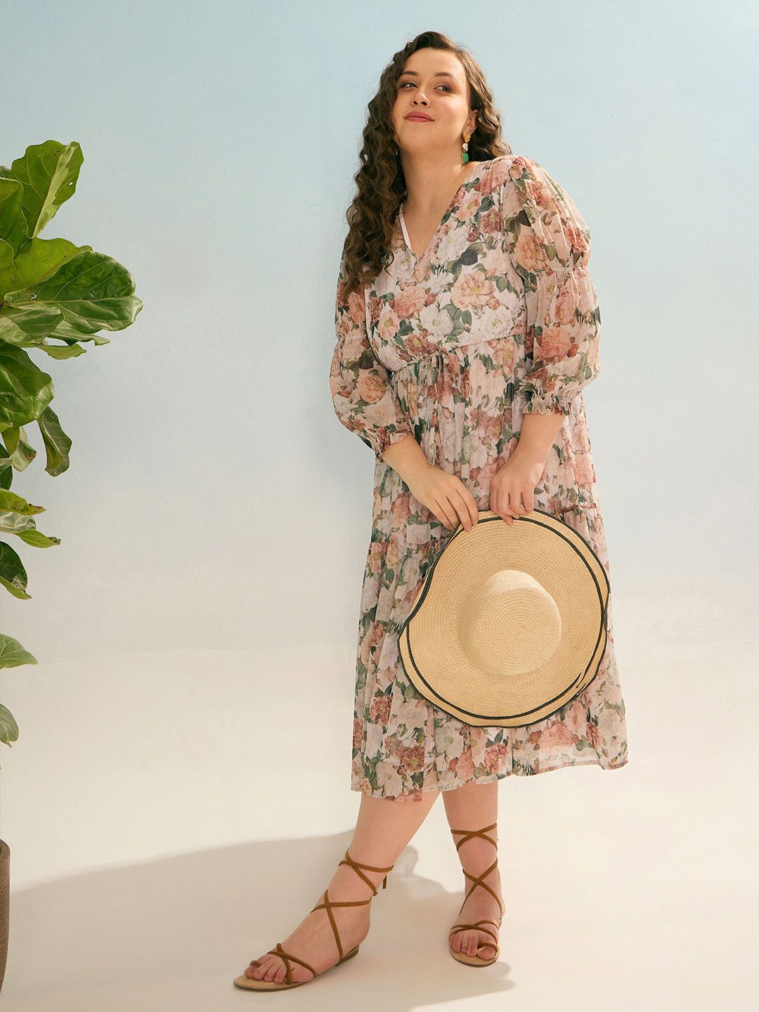 SASSAFRAS Curve Women Plus Size Floral Printed Tiered  Georgette Empire Midi Dress