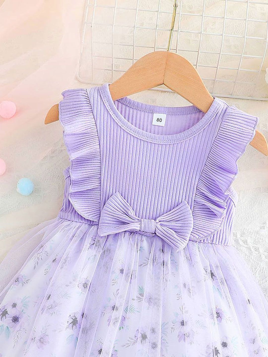 YK Girls Floral Printed Bow Fit And Flare Knee Length Dress