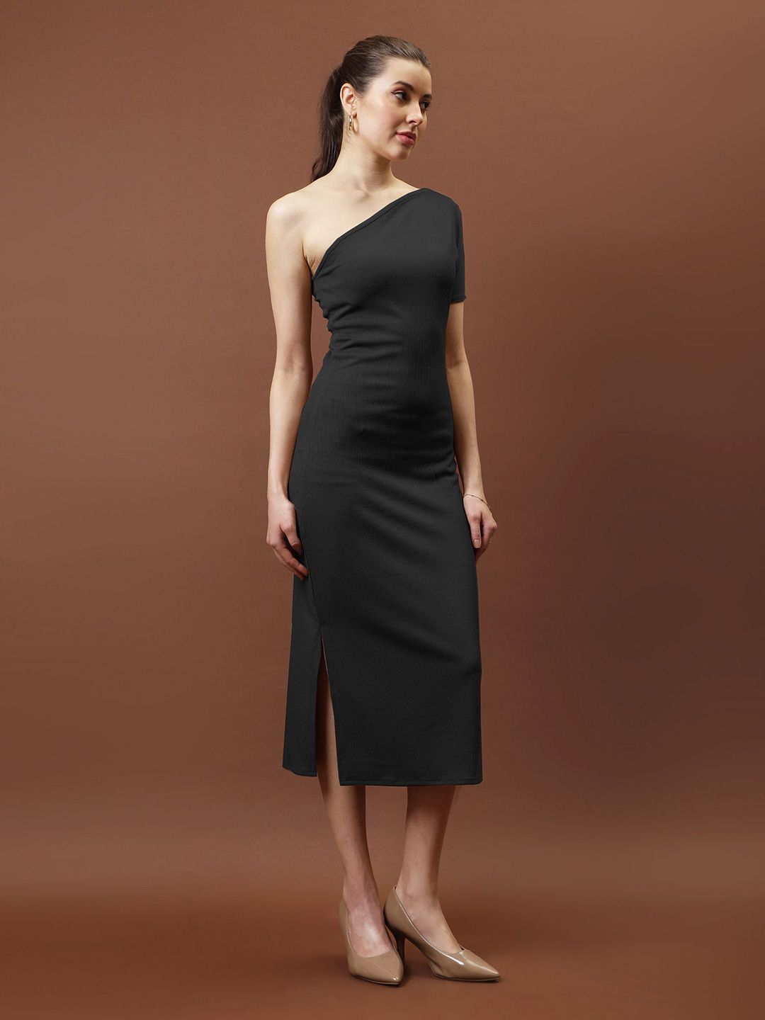 Athena One shoulder Rib Sheath Midi dress