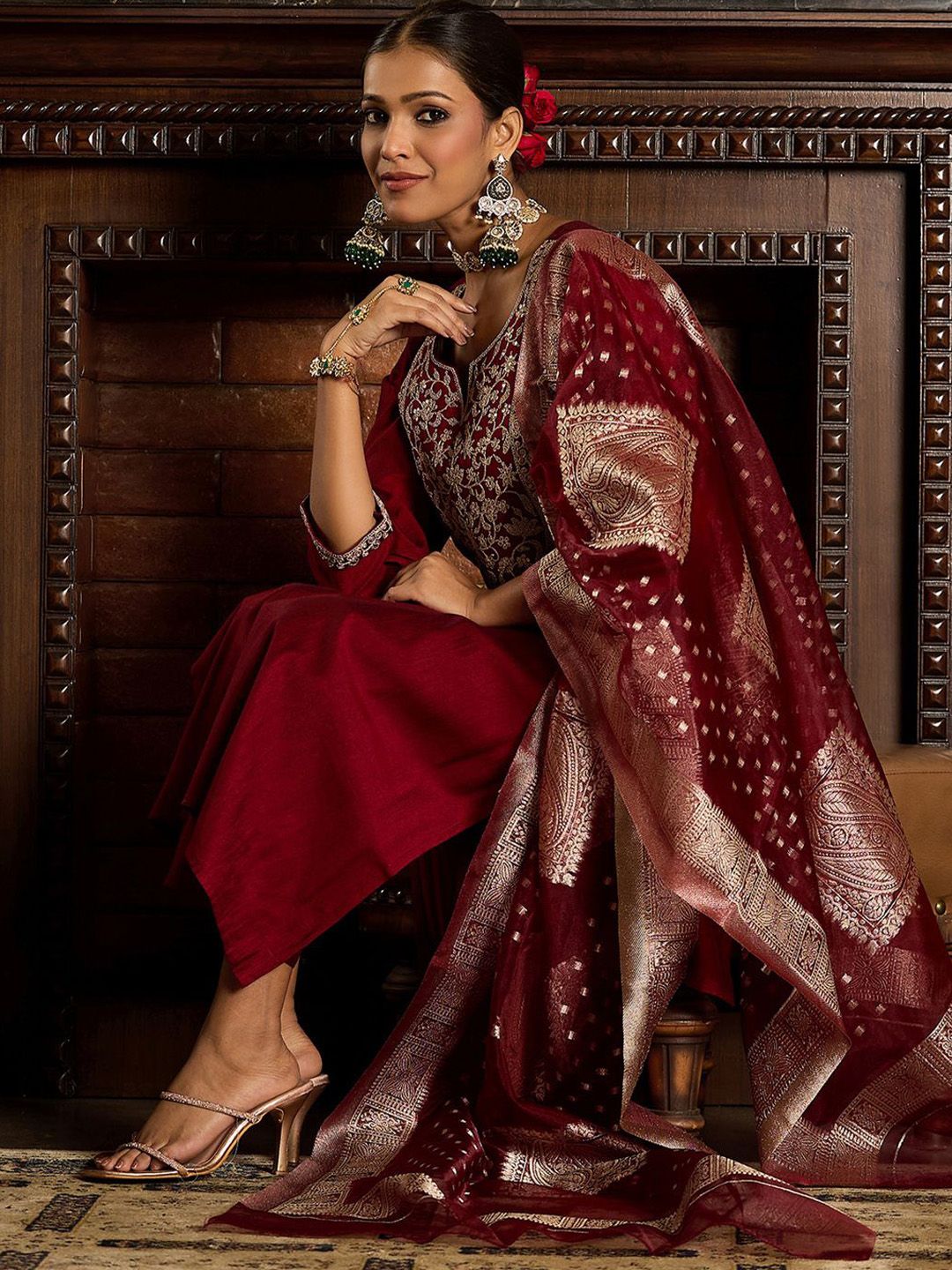 Indo Era Ethnic Motifs Zari Embroidered Liva Kurta with Trouser & Dupatta