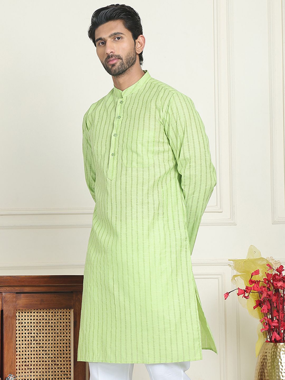 Jompers Striped Mandarin Collar Pure Cotton Straight Kurtas