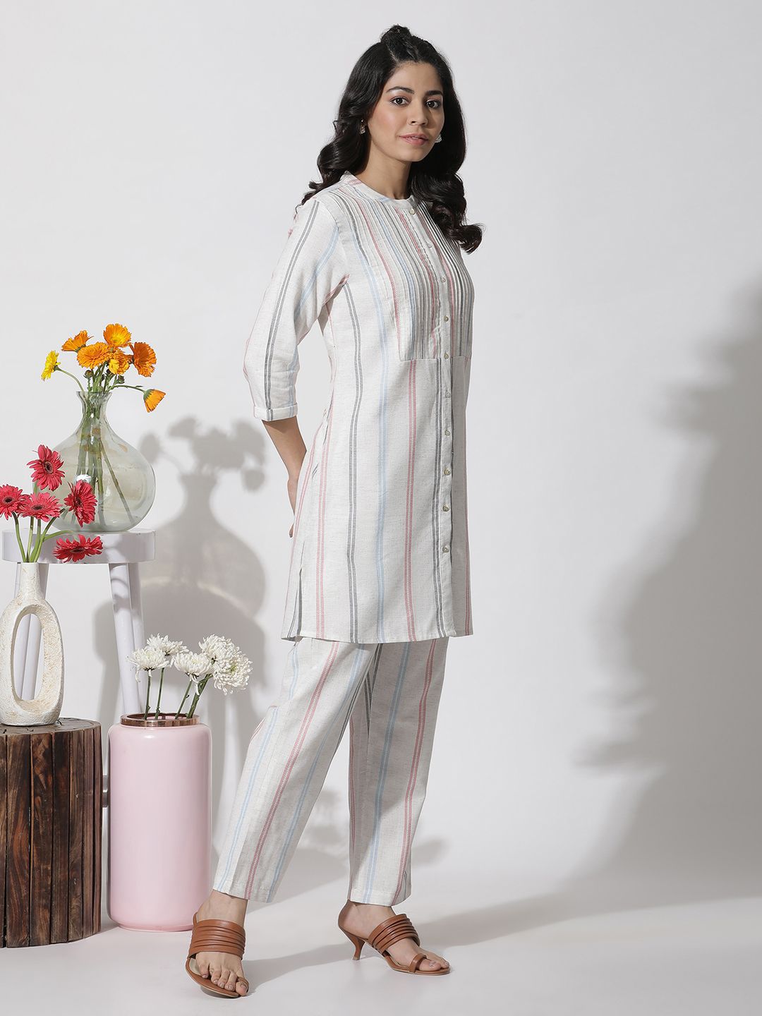 W Striped Mandarin Collar Tunic with Trouser