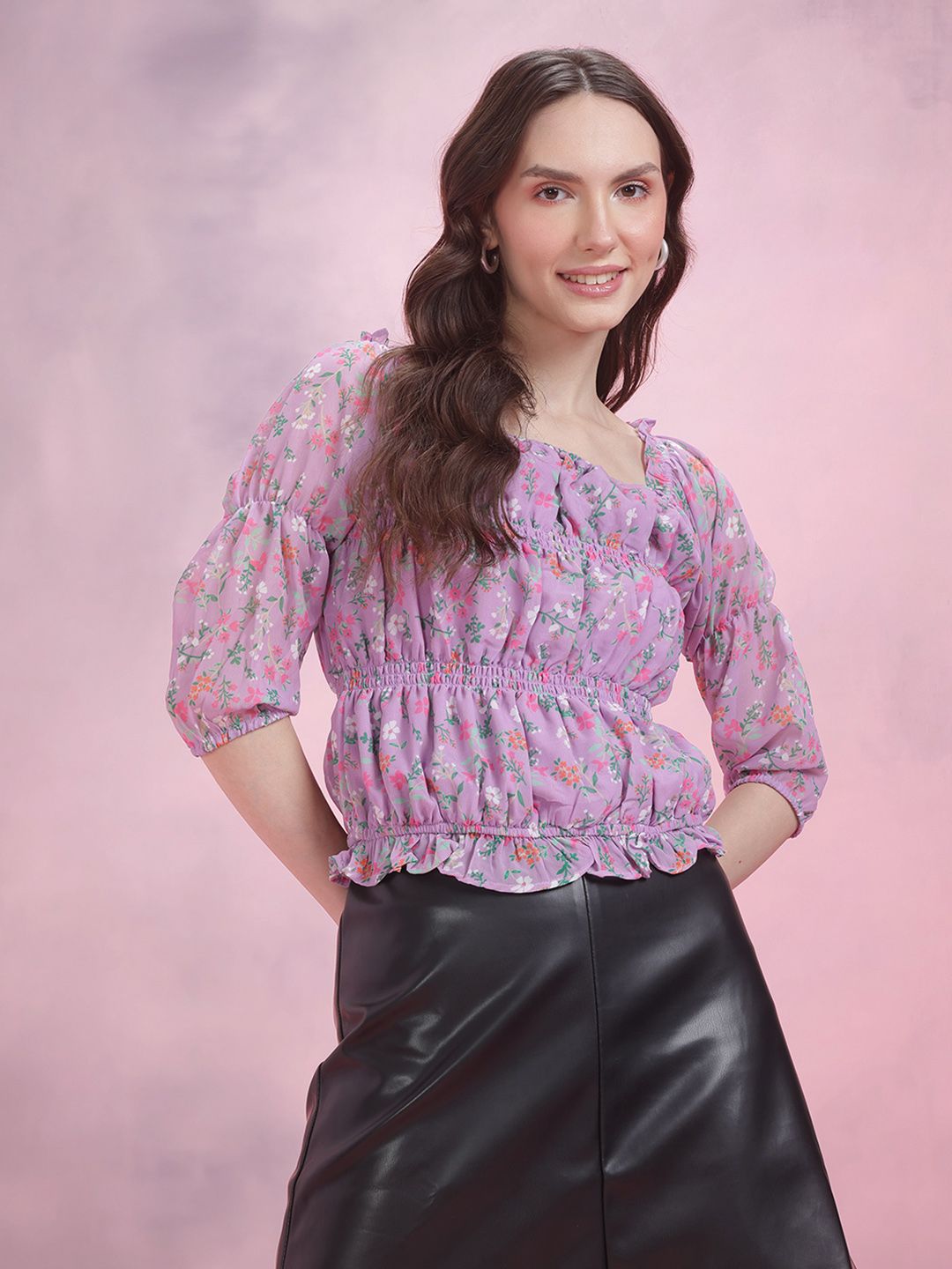 DressBerry Floral Print Smocked Puff Sleeve Top