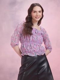 DressBerry Floral Print Smocked Puff Sleeve Top