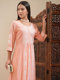 Vishudh Peach-Coloured Floral Embroidered Thread Work Straight Kurta With Palazzos