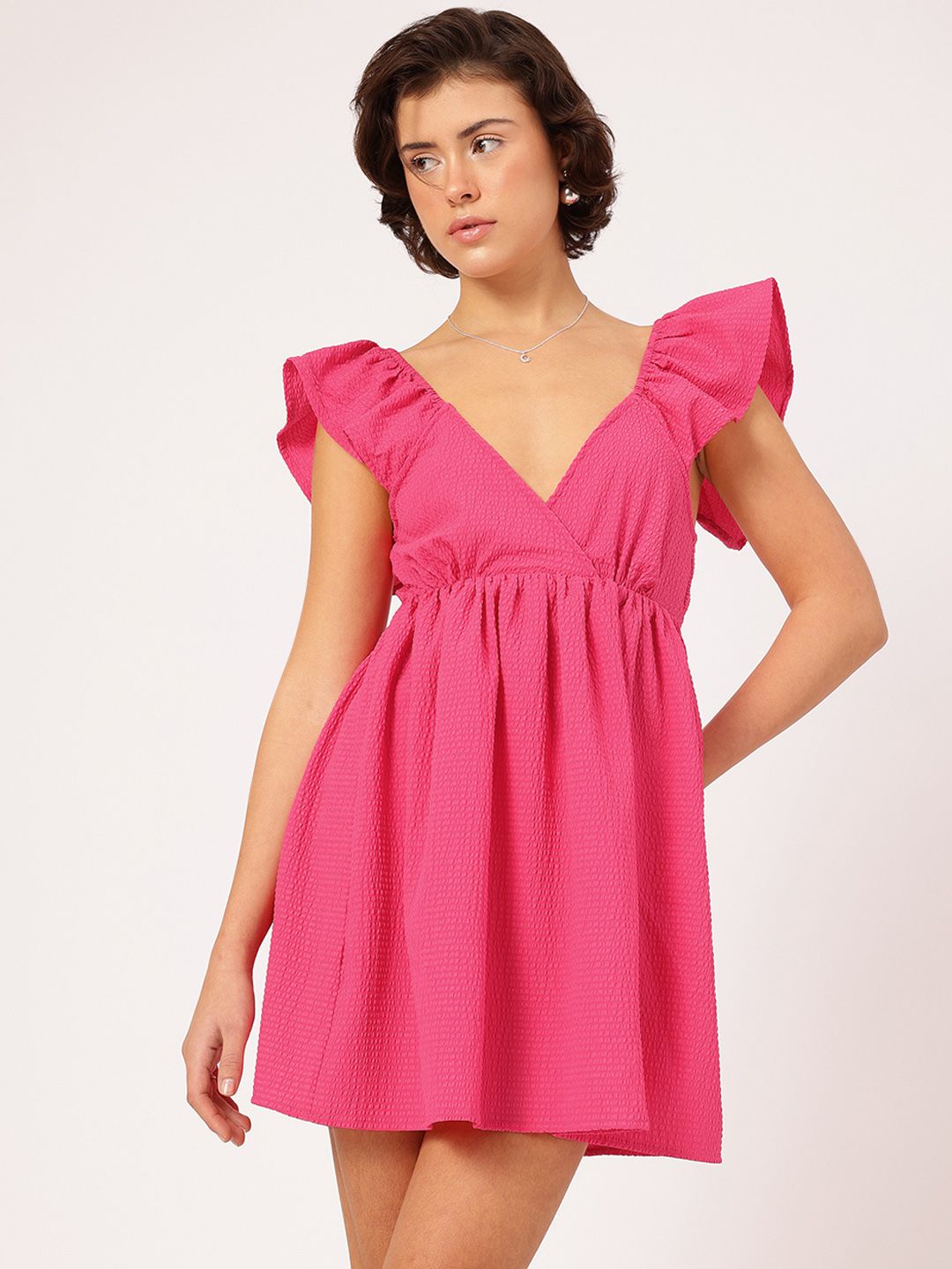 DressBerry BarbieCore Chic Seersucker Cut Out Detail Mini Dress