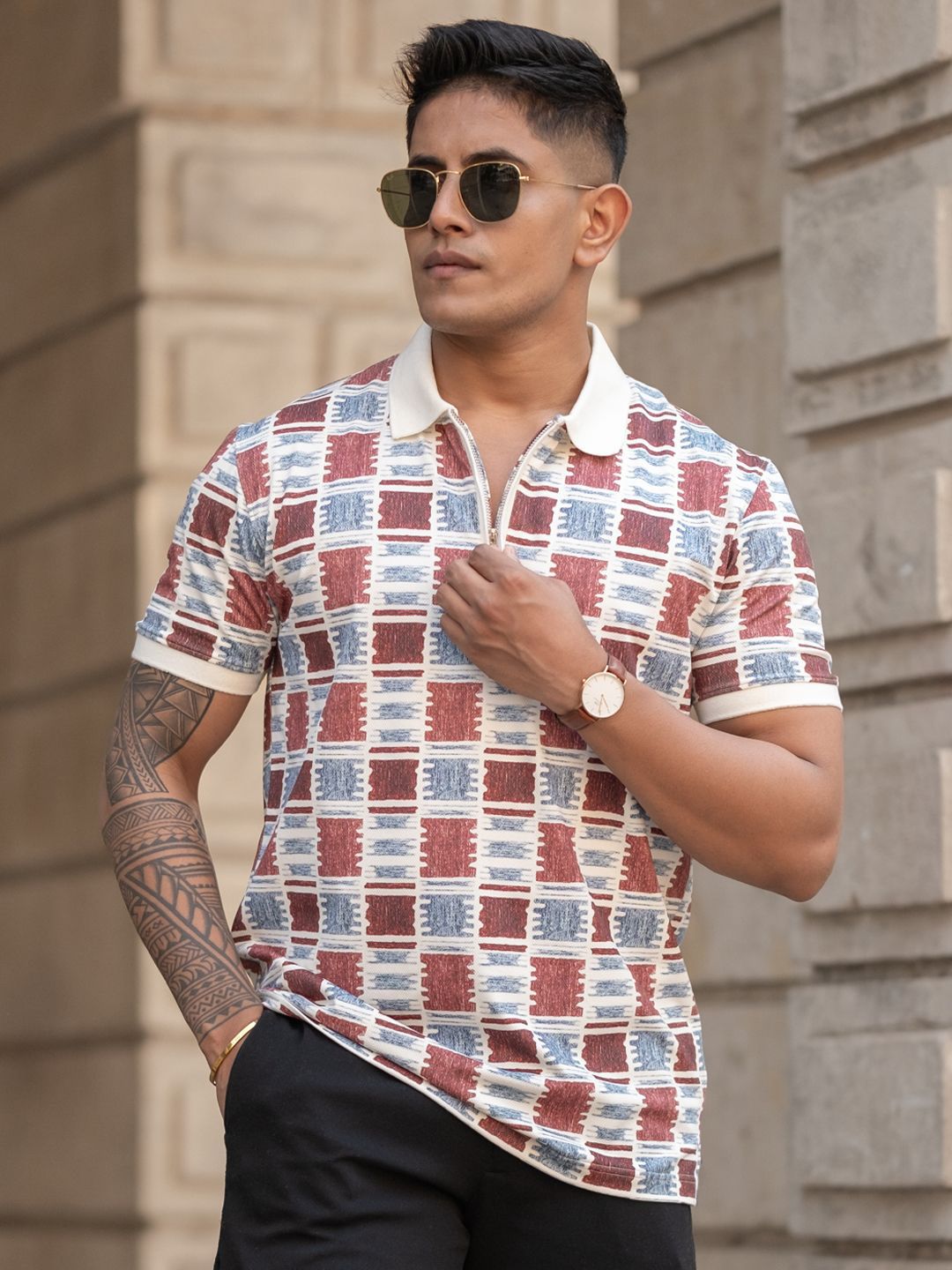 Powerlook Men Checked Polo Collar T-shirt