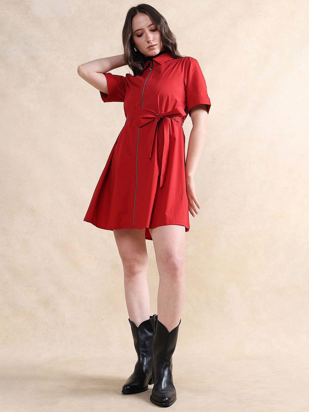 RAREISM Women Fit & Flare Mini Solid Cotton Dress