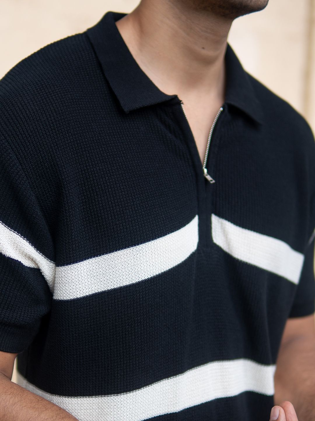 Powerlook Men Black & White Striped Pure Cotton Polo Collar T-shirt