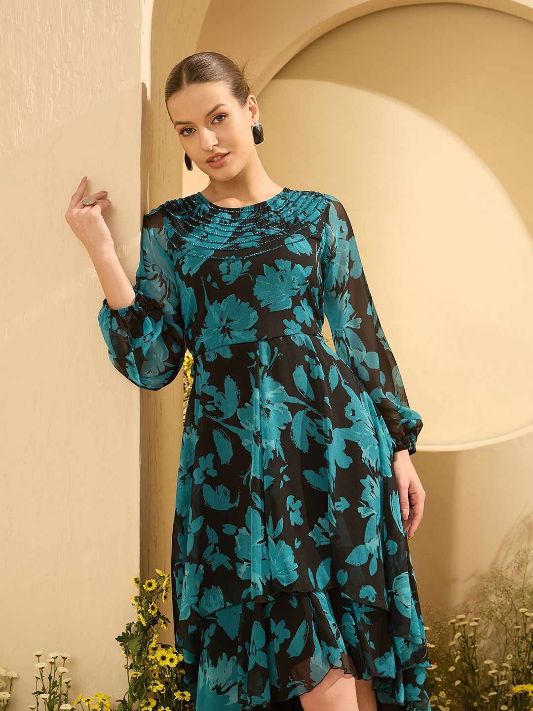 Antheaa Women Floral Printed Embellished Fit and Flare Midi Dress