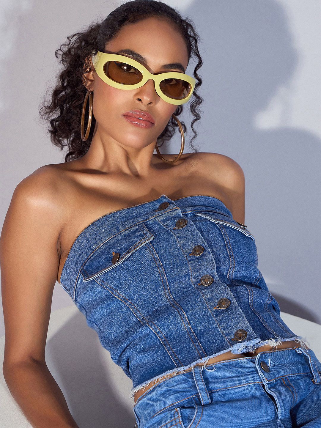 SASSAFRAS Print Off-Shoulder Cotton Denim Tube Top