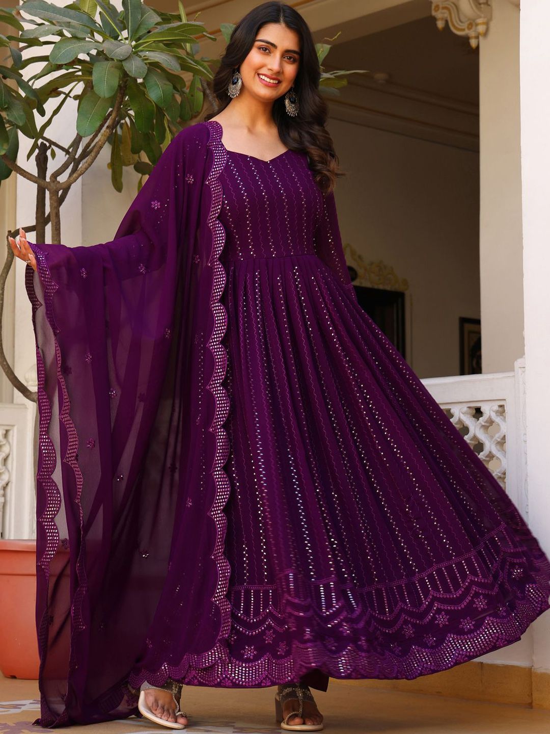 KALINI Striped Sweetheart Neck Thread Work Georgette Anarkali Kurta With Pyjamas & Dupatta
