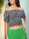 DressBerry Printed Ruched Bardot Crop Top