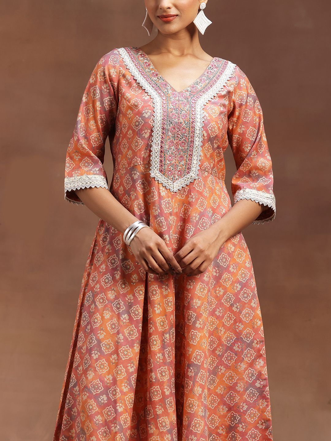Libas Ethnic Motifs Printed Zari Panelled A-Line Kurta With Trouser & Dupatta