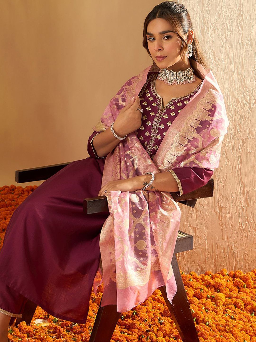 Indo Era Ethnic Motifs Yoke Design Straight Gotta Patti Liva Kurta with Trousers & Dupatta