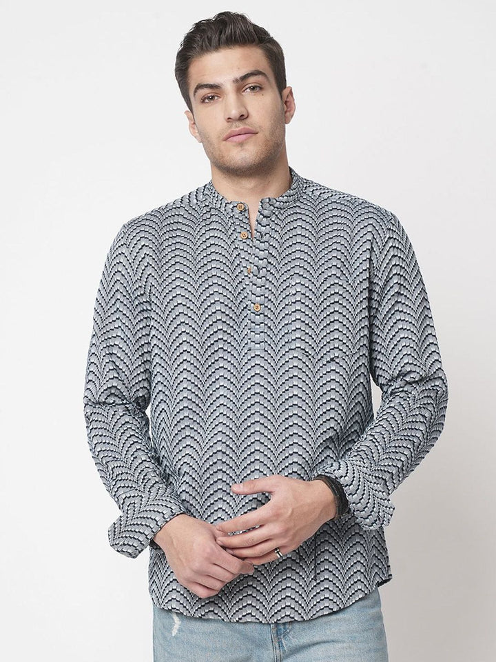 VASTRADO Abstract Woven Design Mandarin Collar Cotton Jacquard A-Line Short Kurta