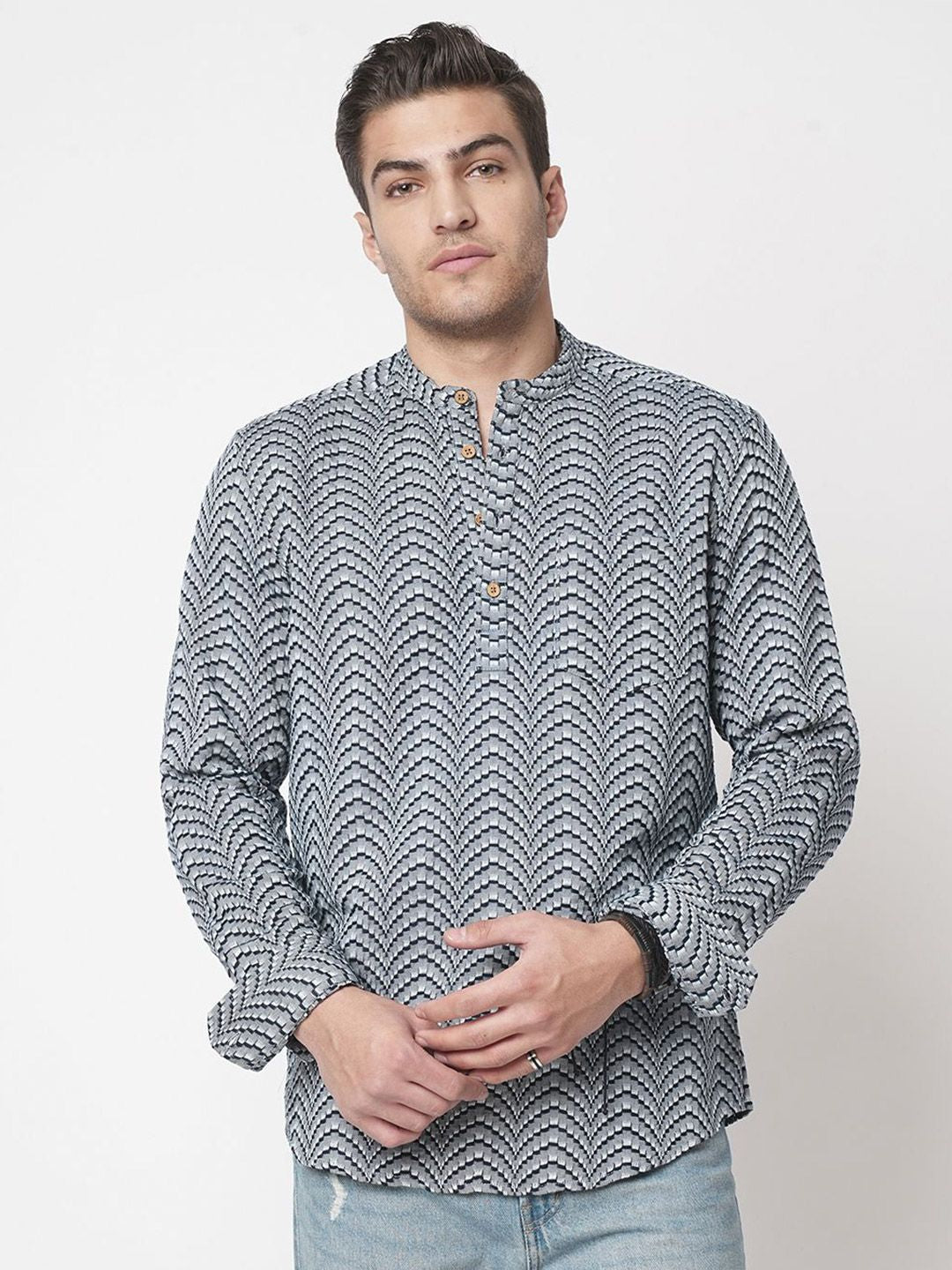 VASTRADO Abstract Woven Design Mandarin Collar Cotton Jacquard A-Line Short Kurta