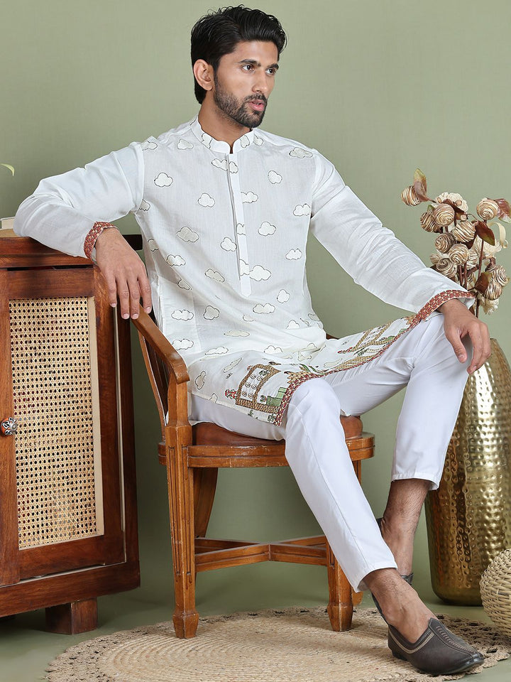 Jompers Coversational Printed Embroidered Mandarin Collar Straight Kurta