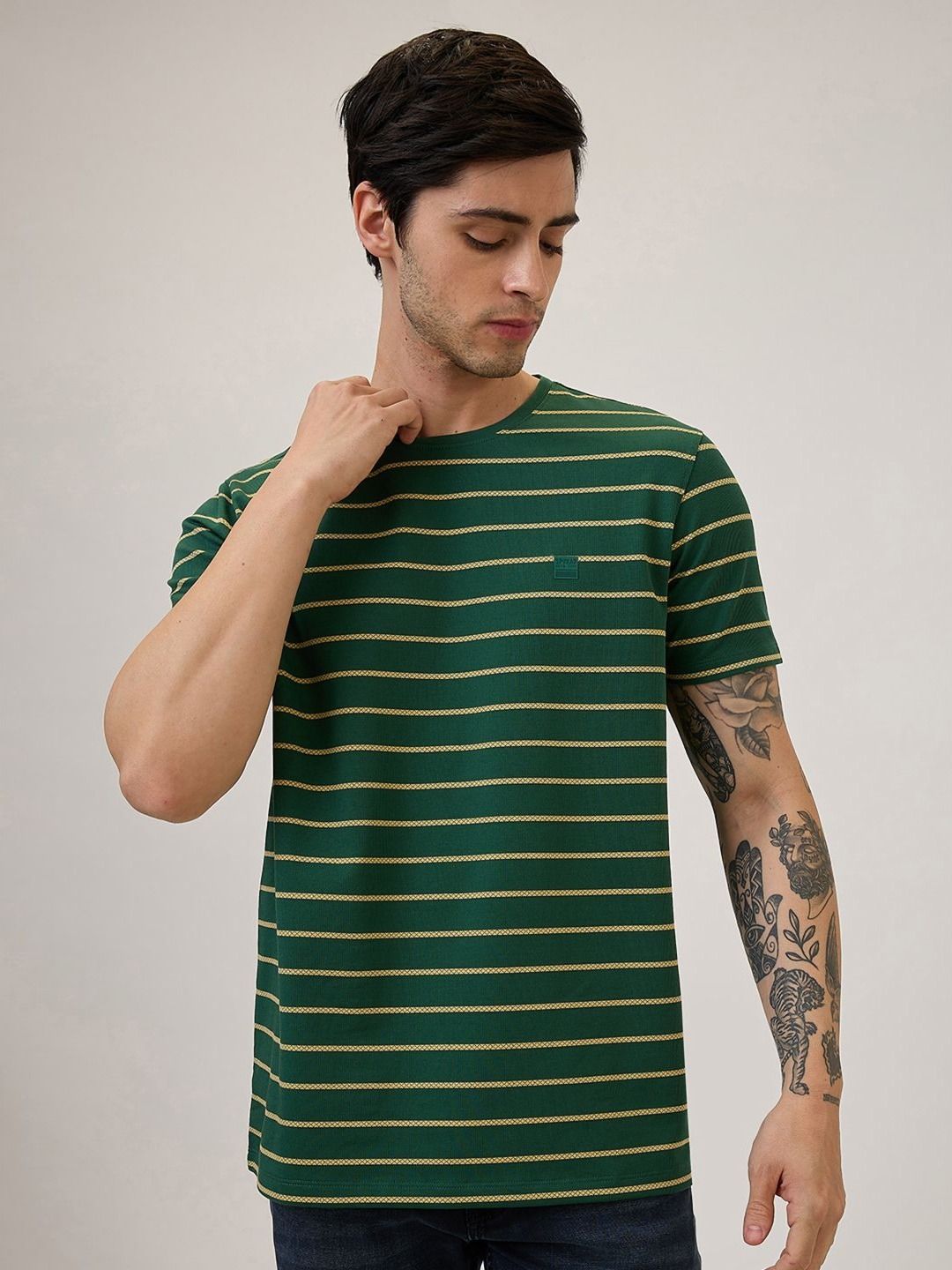 SPYKAR Men Striped Round Neck Cotton Slim Fit T-shirt