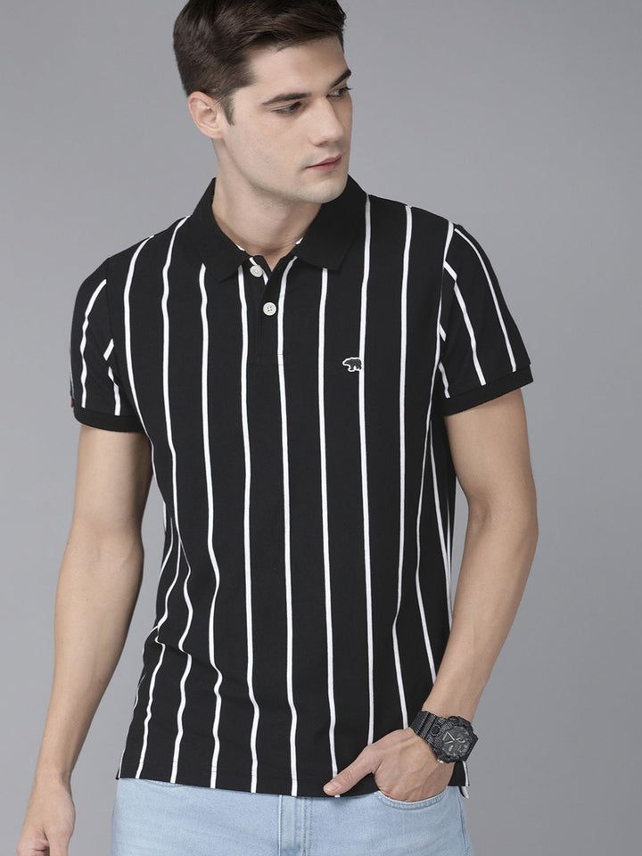 THE BEAR HOUSE Men Black & White Striped Yarndyed Polo Collar Slim Fit T-shirt