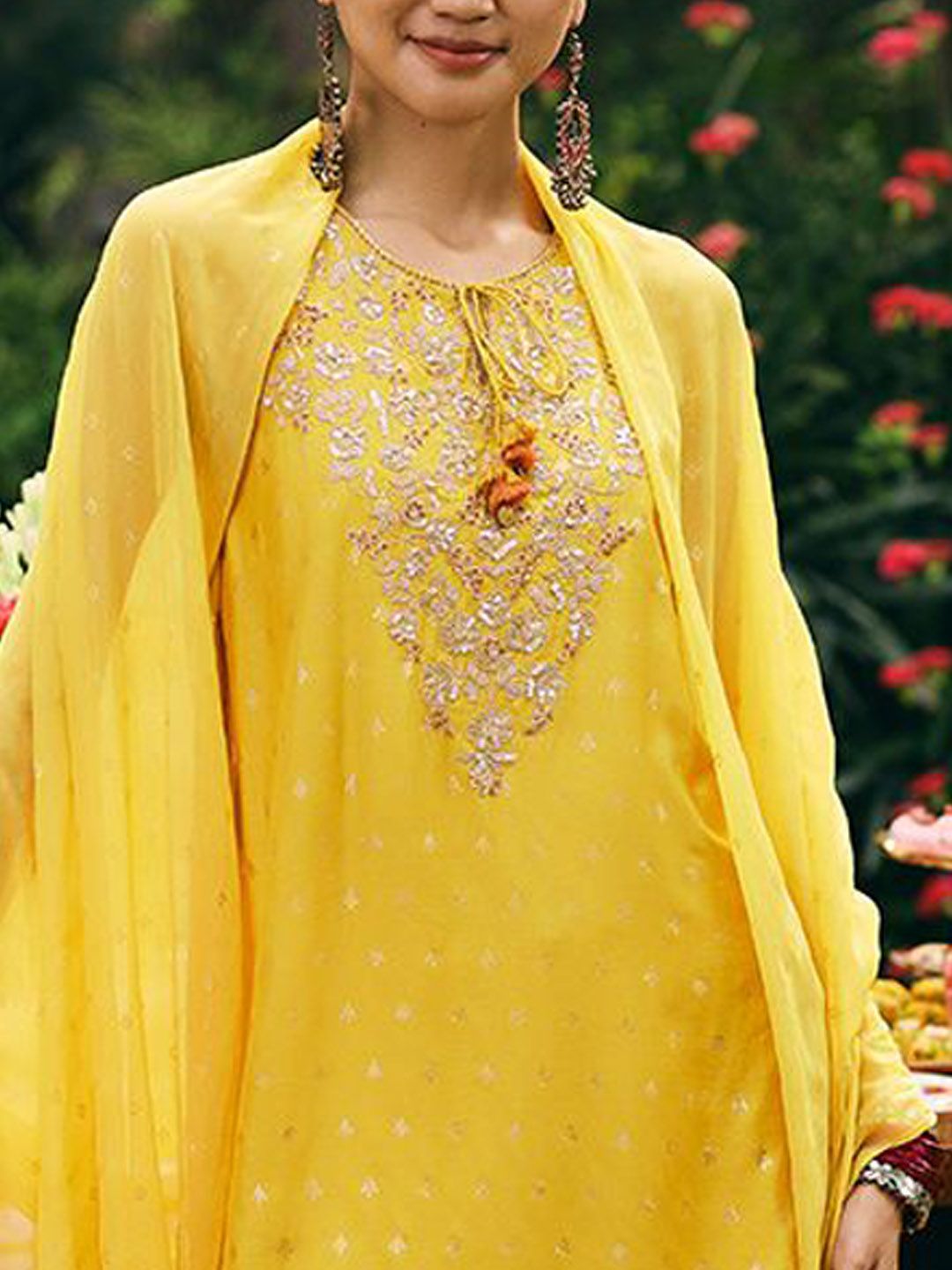 Global Desi Floral Printed Round Neck Sequinned Straight Kurta With Trouser And Dupatta