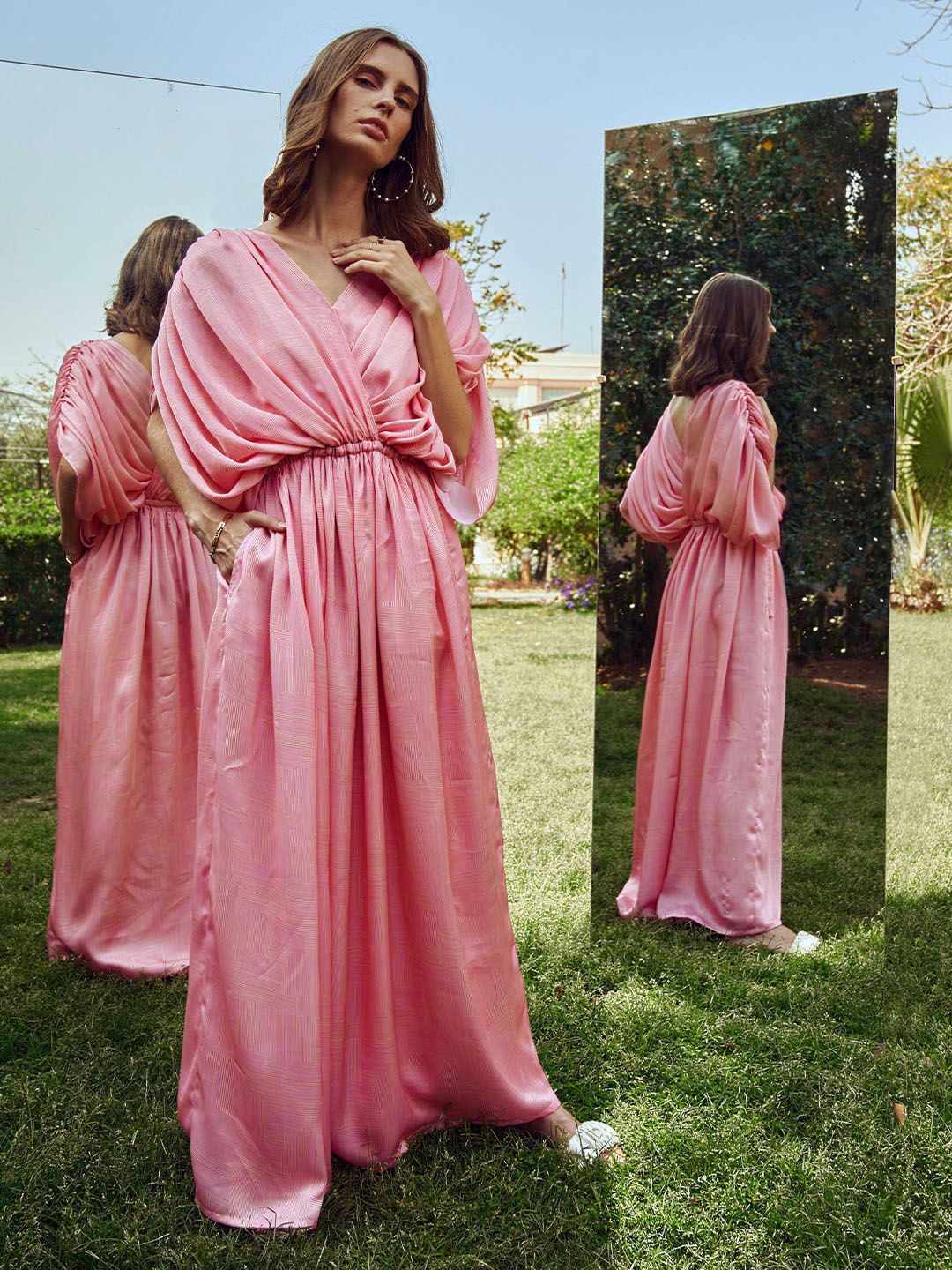 Mamicha Women V-Neck Pleated Maxi A-Line Dress
