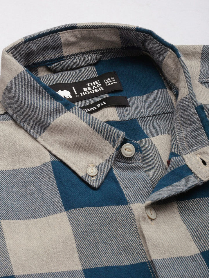 THE BEAR HOUSE Men Teal Blue Pure Cotton Checked Slim Fit Flannel Shirt