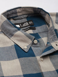THE BEAR HOUSE Men Teal Blue Pure Cotton Checked Slim Fit Flannel Shirt