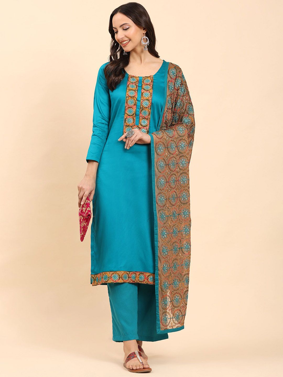 Kurta Kapas Tulen Biasa Mamicha Sulam Bunga dengan Palazzos & Dupatta
