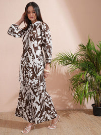 Vishudh Brown Printed Shirt collar Three-Quarter Sleeves Shirt With Palazzo