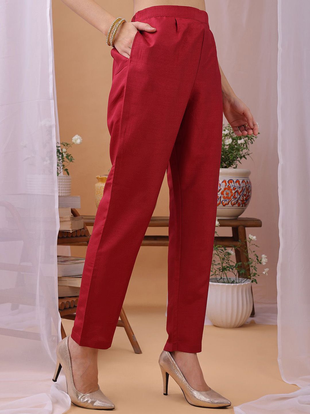 KALINI Yoke Design Sequinned Round Neck Kurta With Trousers & Dupatta