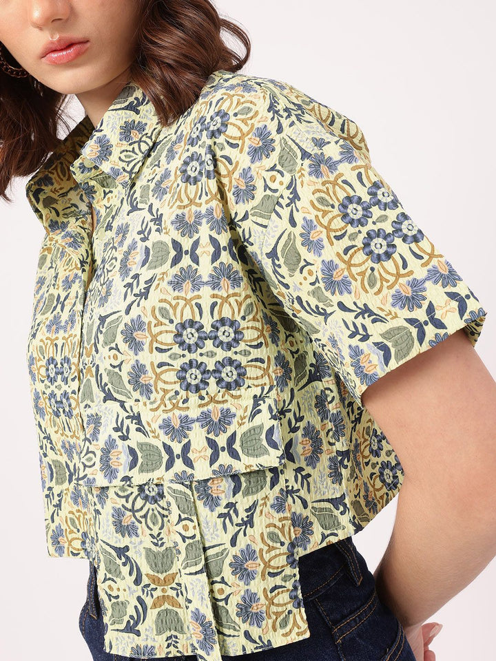 DressBerry Nomad Nook Printed Seersucker Boxy Crop Shirt