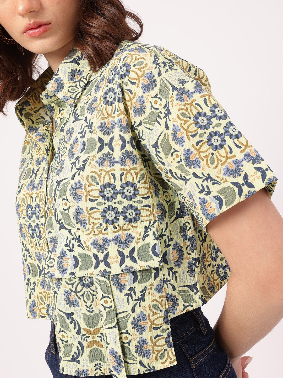 DressBerry Nomad Nook Printed Seersucker Boxy Crop Shirt