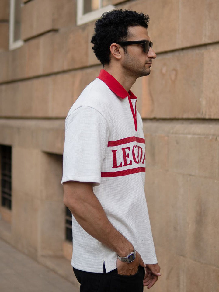 Powerlook Typography Printed Polo Collar Drop-Shoulder Sleeves Oversized T-shirt