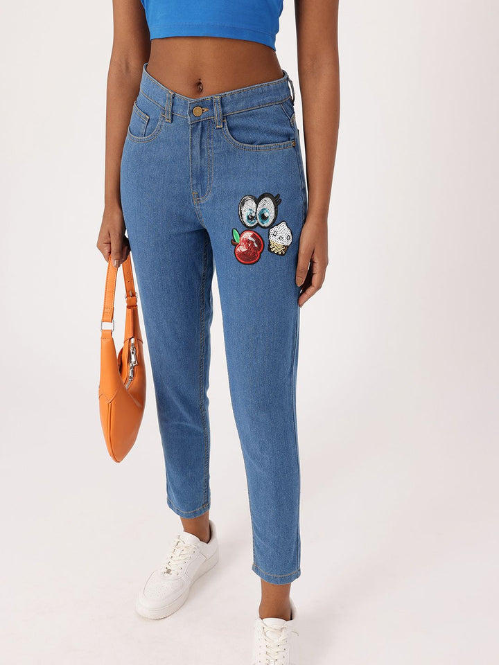 DressBerry Women Bold Grunge Embellished Sequined Mom Fit Jeans