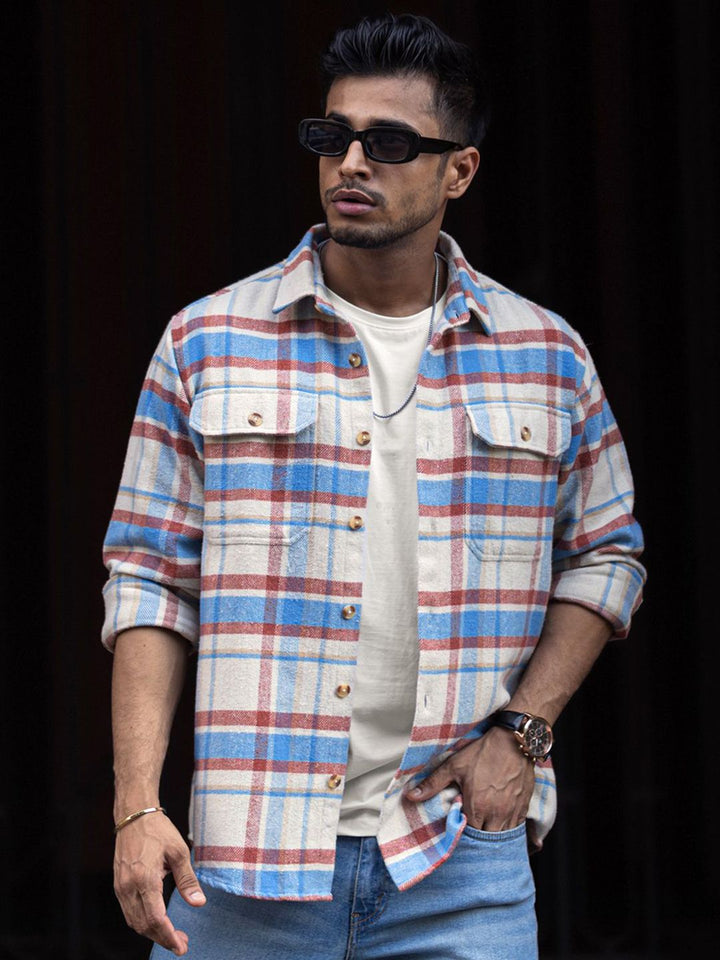 Powerlook Men Spread Collar Tartan Checked Cotton Casual Shirt